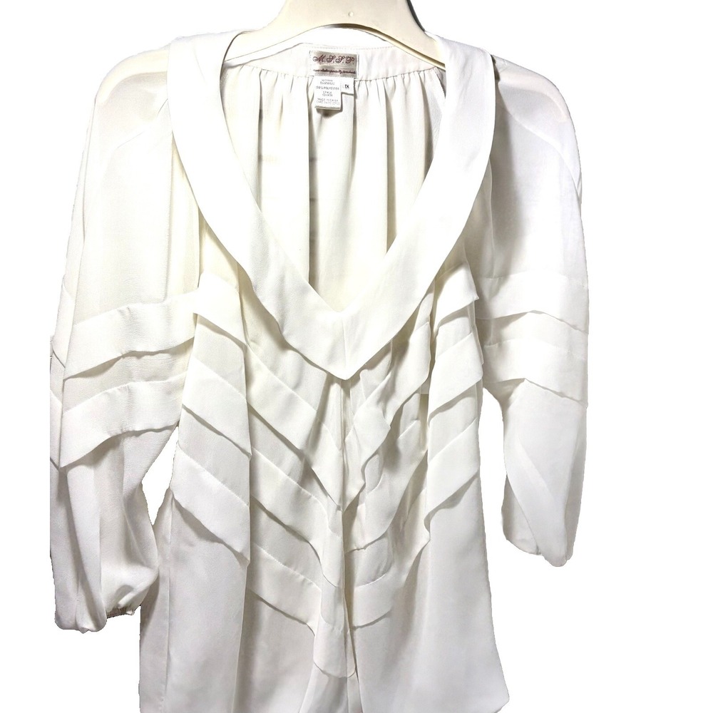 Max Studios MSSP blouse  ivory V Neck LS Origami Pleats Semi Sheer Sz 1X Retro